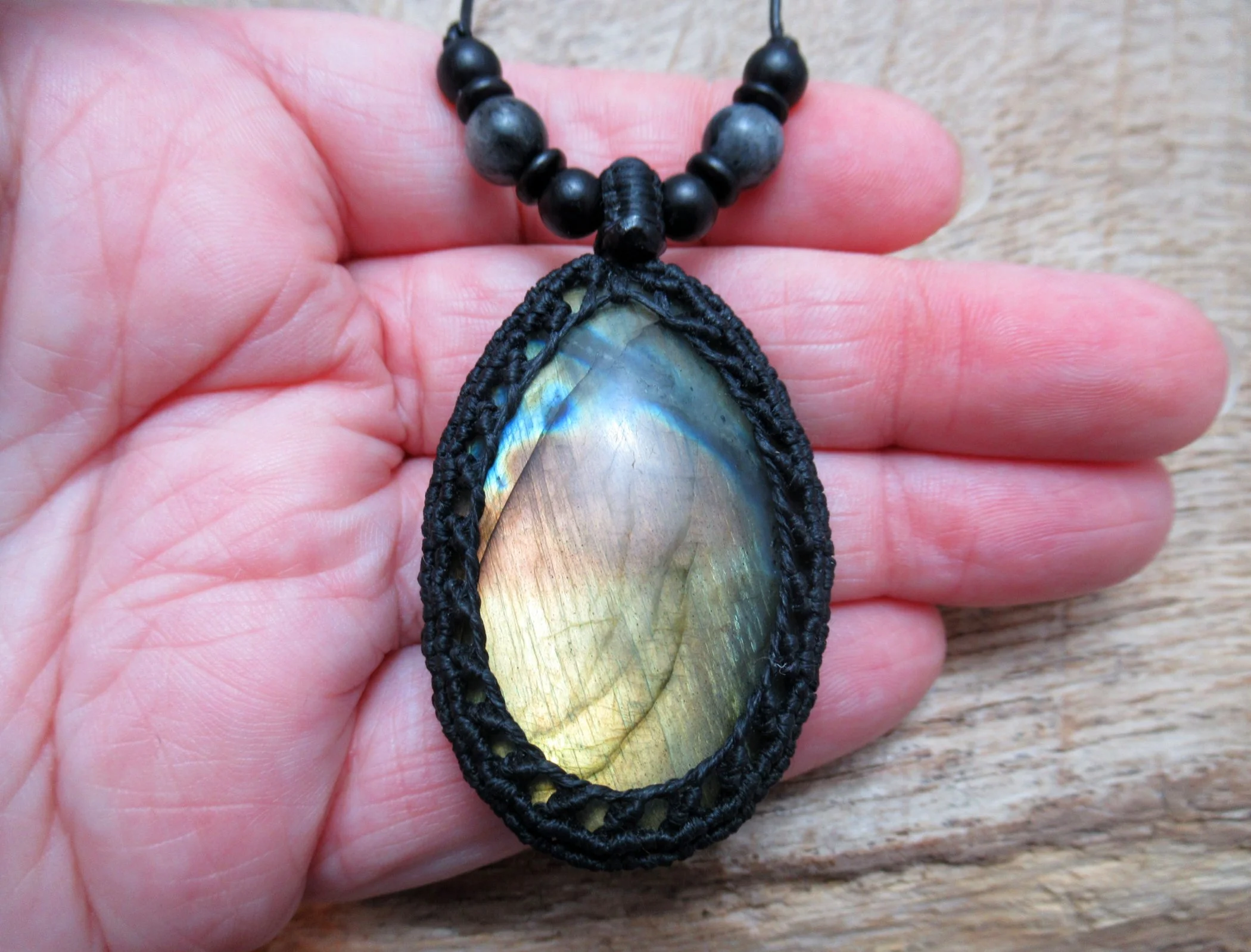 Large stunning labradorite gemstone macrame crystal pendant with good flash FREE SHIPPING WORLDWIDE