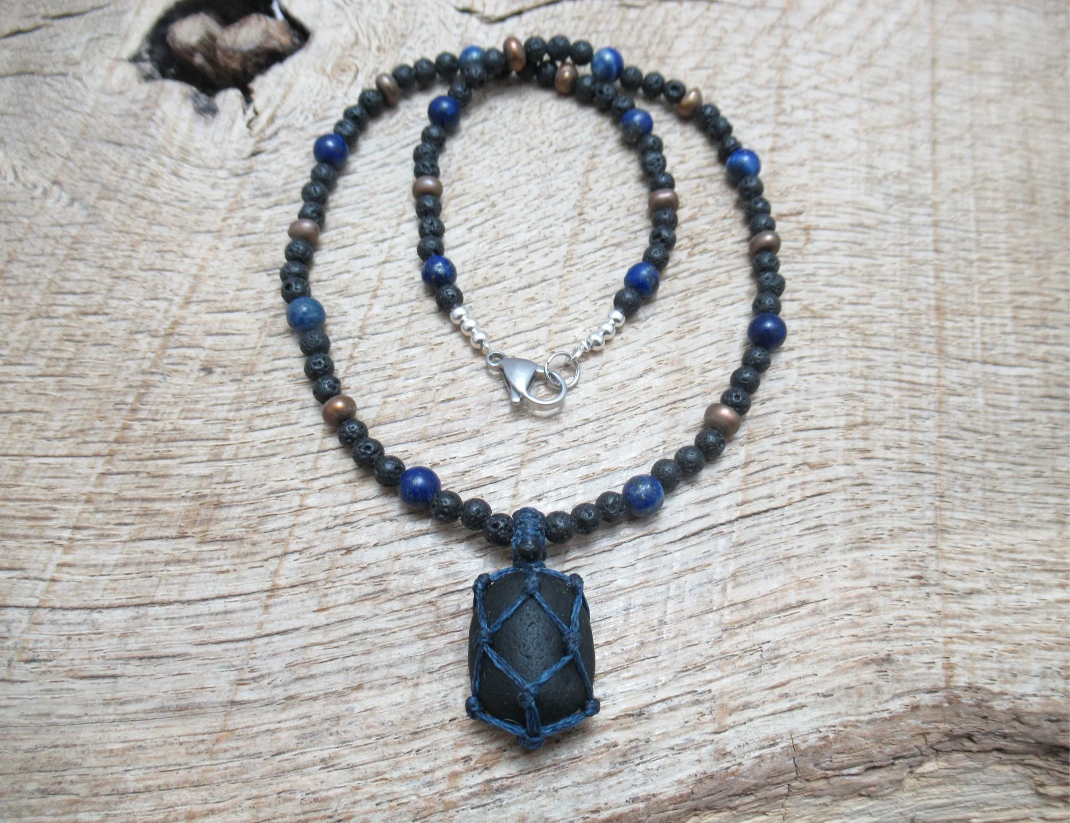 Small pirate glass pendant on necklace with lapis lazuli, brown button pearls and black lava stone beads, historic seaglass necklace FREE SHIPPING WORLDWIDE