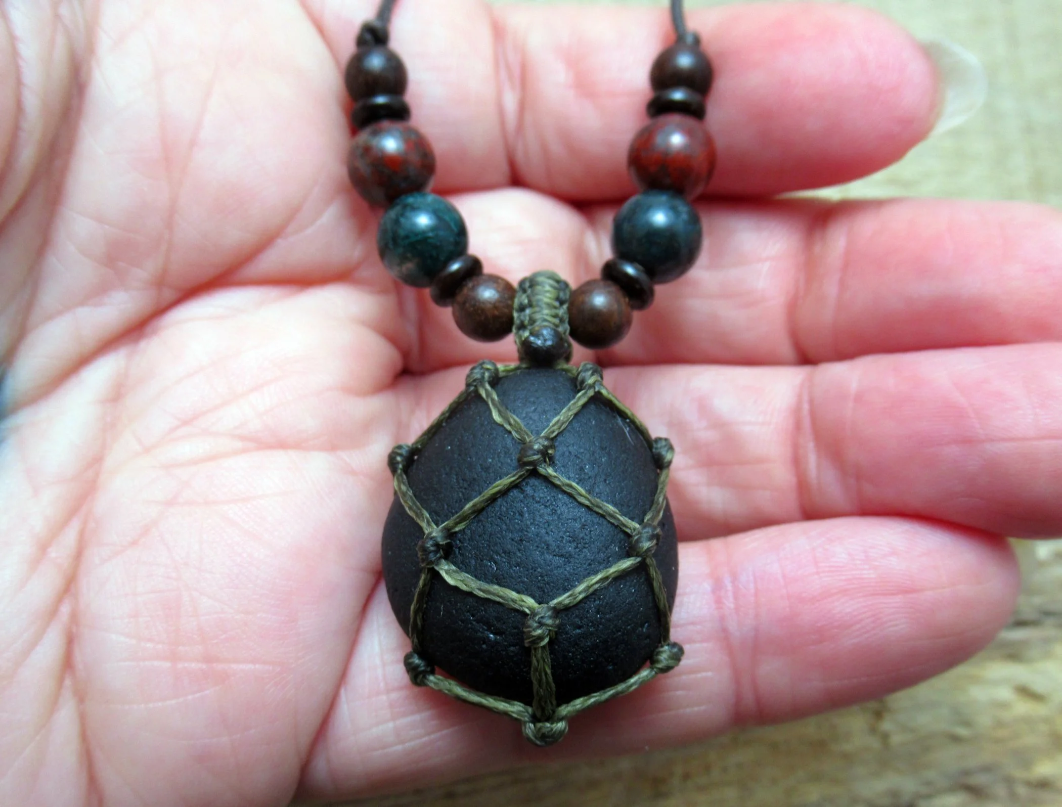 Pirate glass necklace with dark green moss agate, jasper and wood beads, old historic sea glass pendant