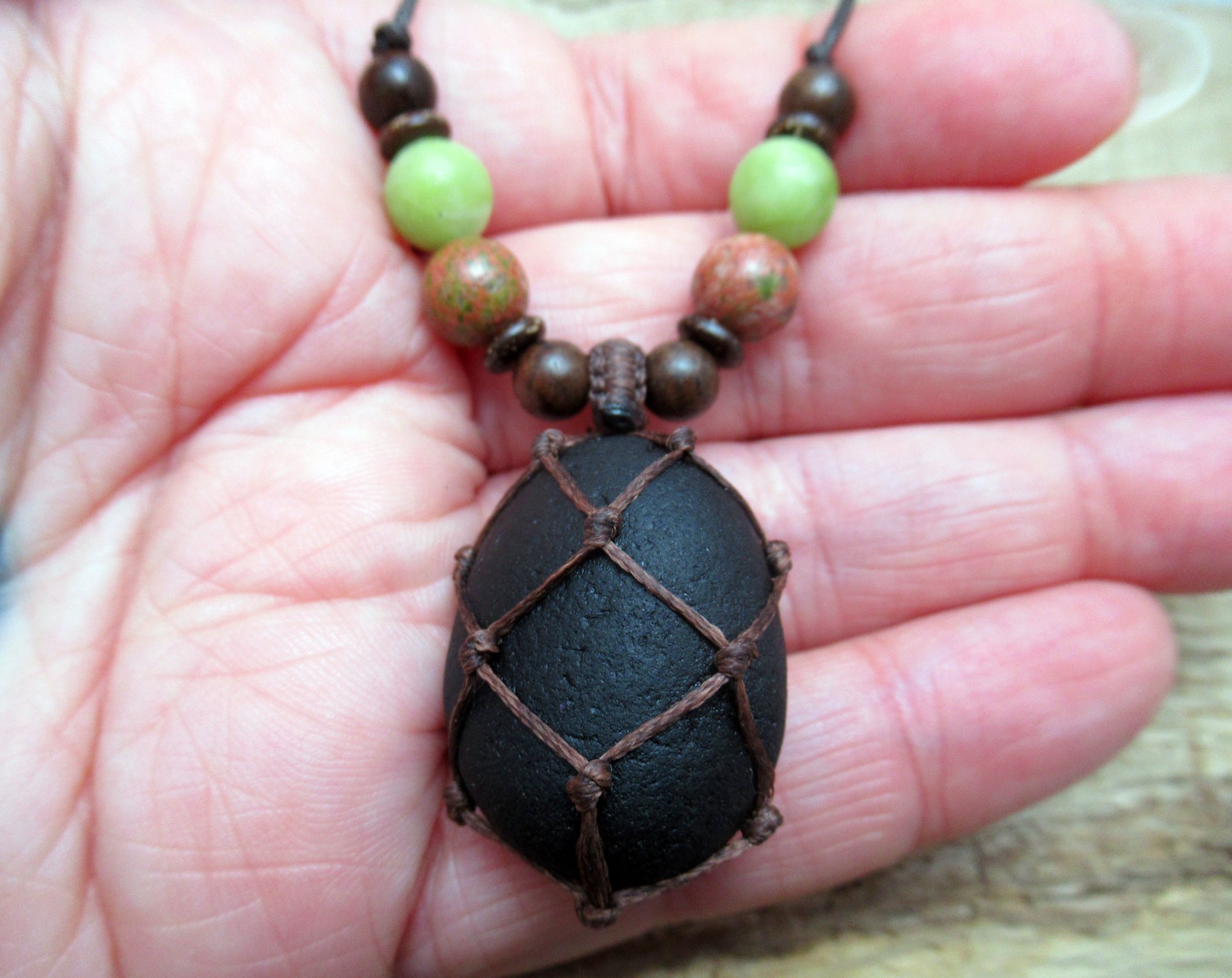 Pirate glass necklace with jade, unakite and wood beads, old historic seaglass pendant FREE SHIPPING WORLDWIDE