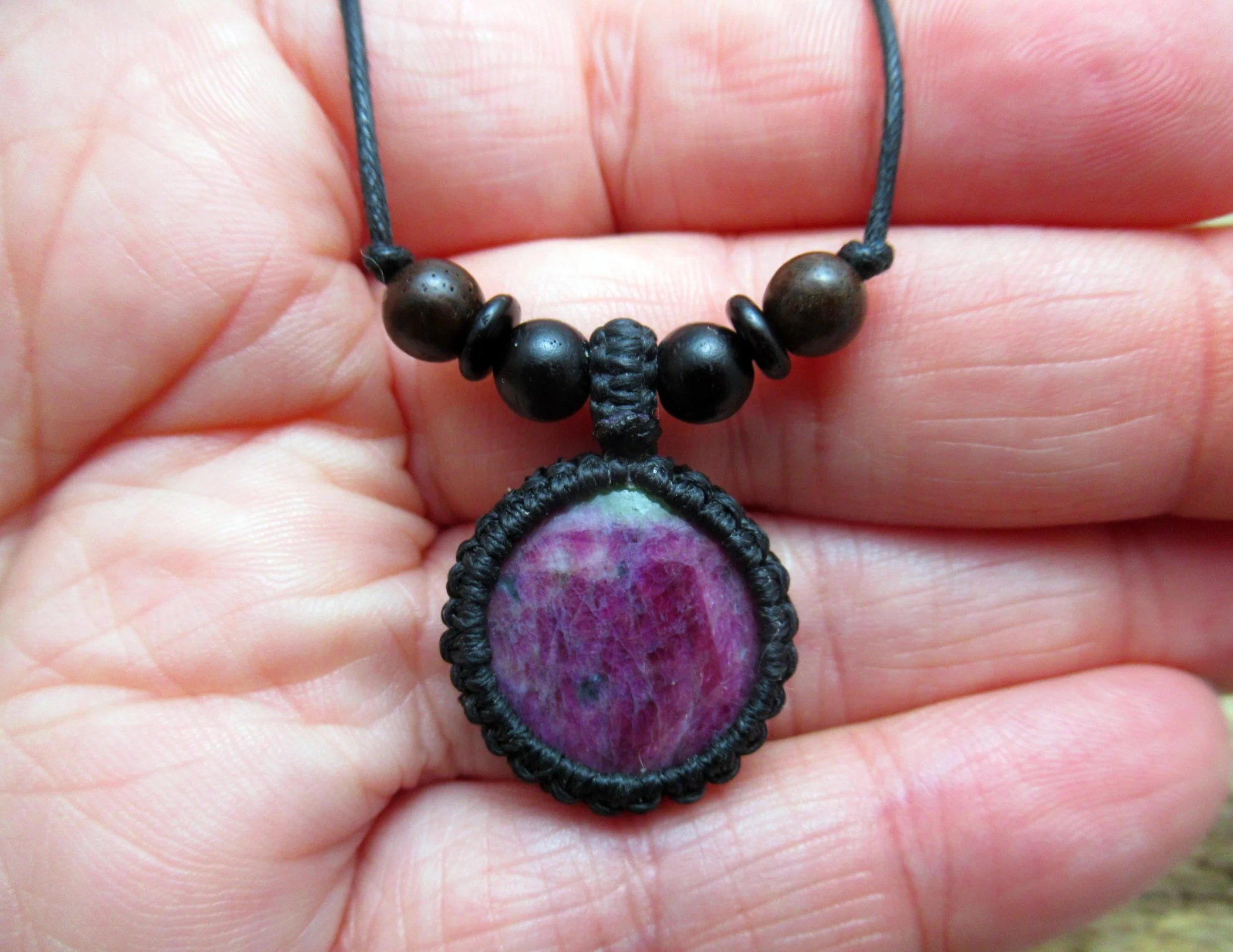 Small ruby in zoisite macrame crystal pendant, natural gemstone jewellery FREE SHIPPING WORLDWIDE