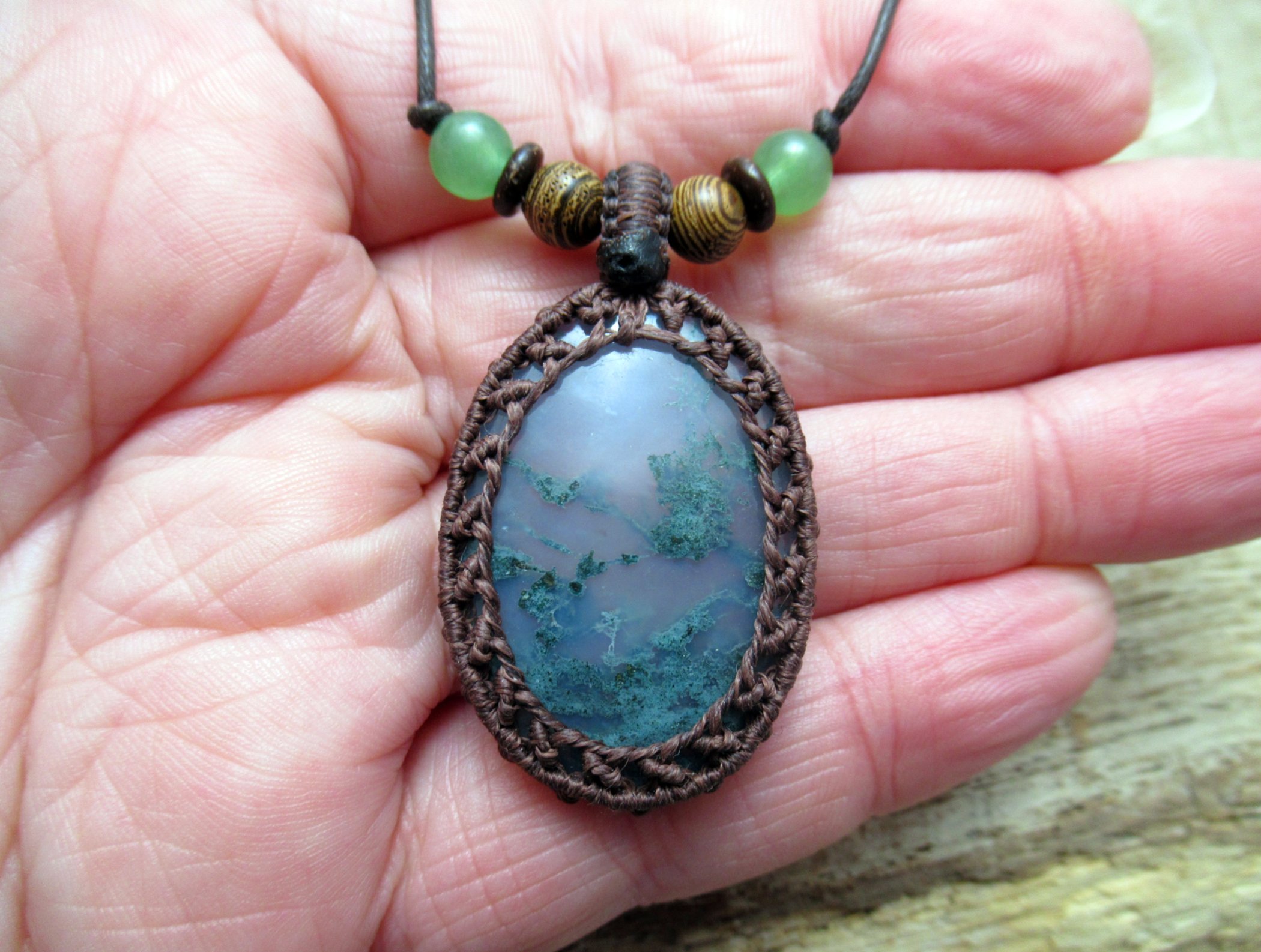 Moss agate macrame crystal pendant with wood and aventurine beads FREE SHIPPING WORLDWIDE