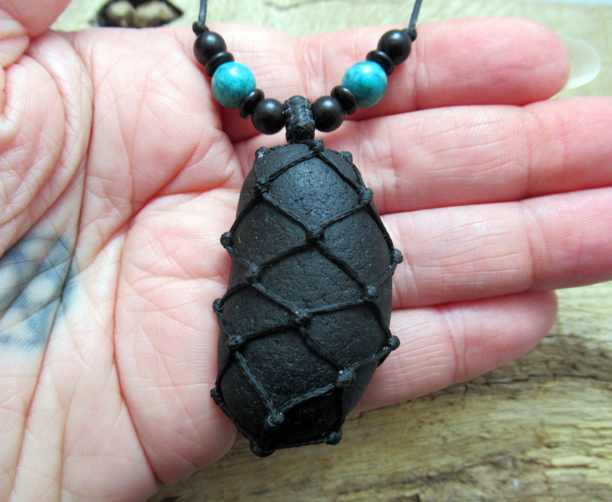 Very large but very green pirate glass pendant, old historic seaglass necklace with turquoise and wood beads FREE SHIPPING WORLDWIDE