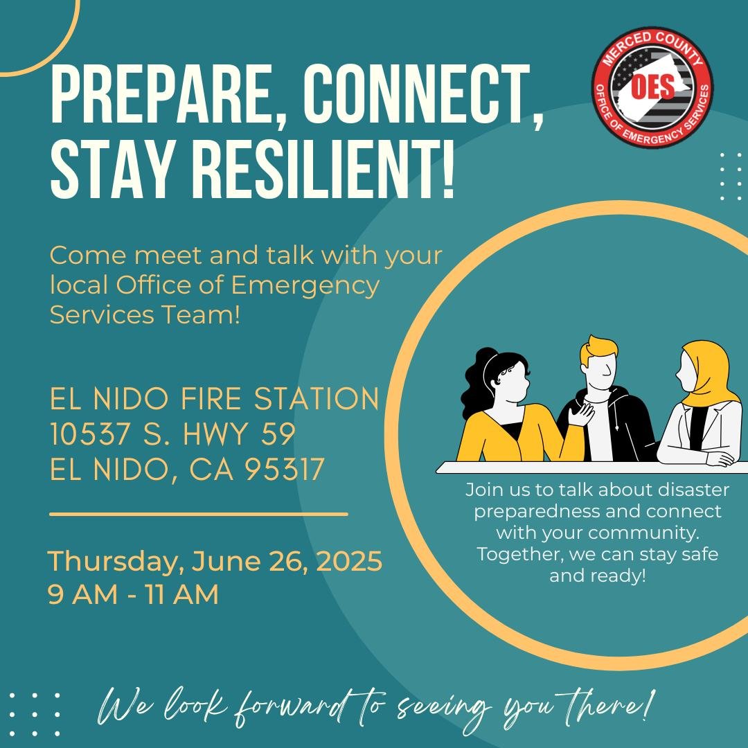 🚨 Join Merced County OES in El Nido! 🚒☕

The Merced County Office of Emergency Services invites you to Coffee and Meet, a great chance to connect with your local first responders and neighbors!

📍 El Nido Fire Station
📅 Thursday, June 26
🕘 9:00 