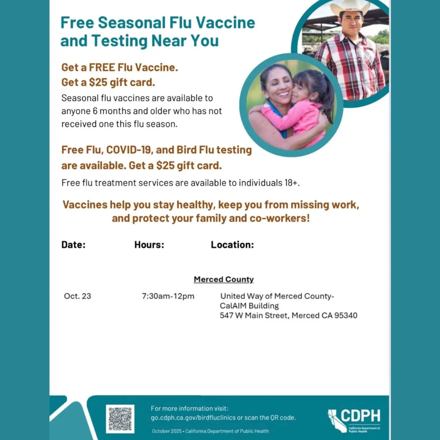 💉 Stay Protected This Season!
United Way Merced County is offering vaccinations for everyone &mdash; and if you&rsquo;re 65+, we&rsquo;ll have the appropriate vaccines available for you.

📞 Call 209-383-4242 to reserve your spot and enjoy a quicker