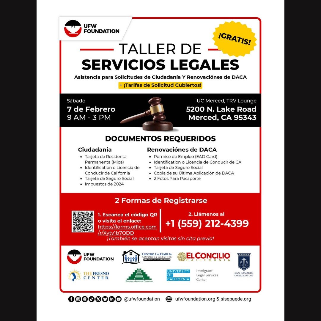 🧡 Taller de Servicios Legales 🧡

Asistencia Profesional para Solicitudes de Ciudadan&iacute;a y Renovaci&oacute;n de DACA
(Subvenciones adicionales disponibles para ayudar a cubrir las tarifas de solicitud)

La Fundaci&oacute;n Comunitaria del Cond