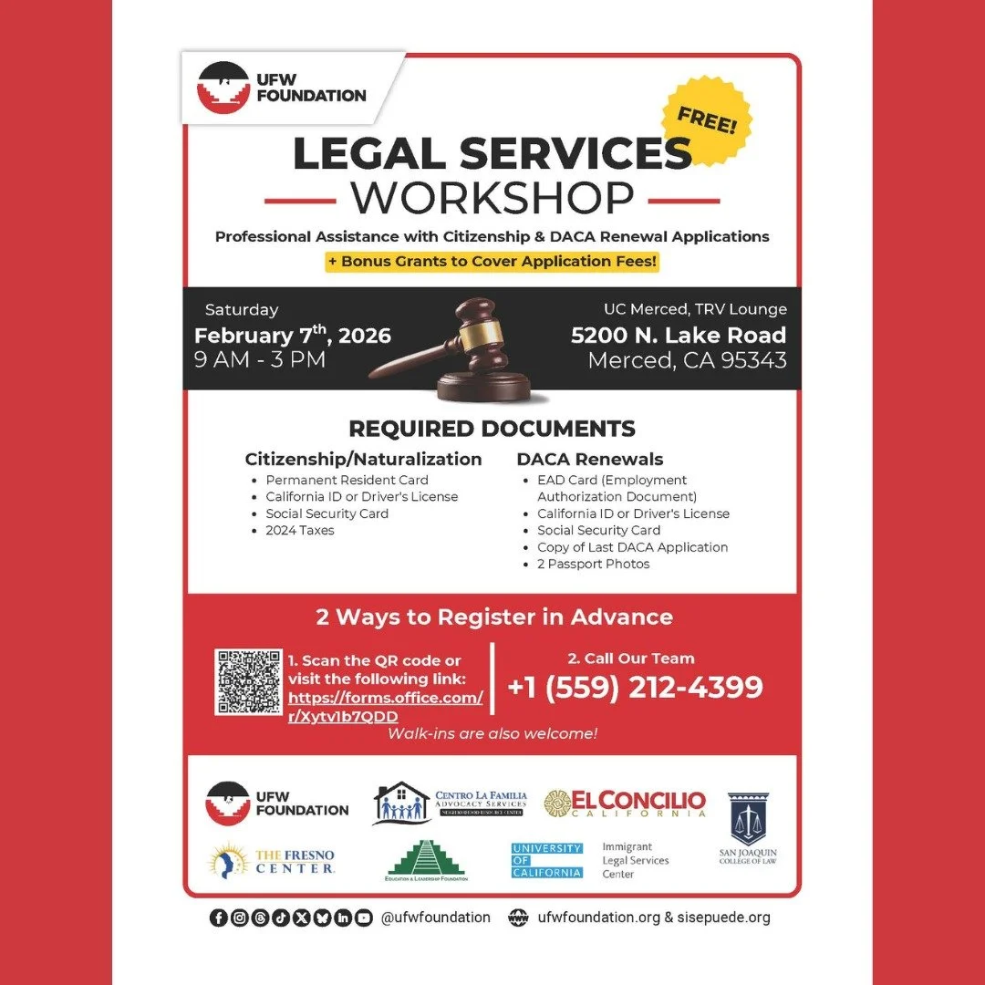 🧡 Legal Services Workshop 🧡

Professional Assistance with Citizenship &amp; DACA Renewal Applications
(Bonus grants available to help cover application fees)

The Community Foundation of Merced County is sharing this opportunity for a Legal Service