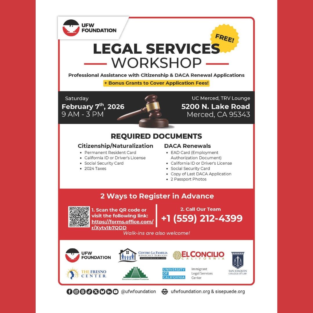 🧡 Legal Services Workshop 🧡

Professional Assistance with Citizenship &amp; DACA Renewal Applications
(Bonus grants available to help cover application fees)

The Community Foundation of Merced County is sharing this opportunity for a Legal Service