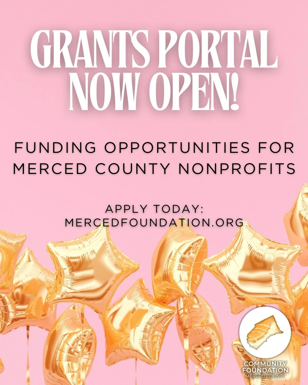 📢 The Community Foundation of Merced County Grants Portal is now open! 🧡

Local nonprofit organizations are invited to submit funding requests for projects and programs that strengthen communities throughout Merced County.

Grant applications will 