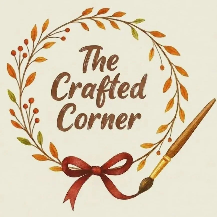 A decorative sign reading 'The Crafted Corner' surrounded by a wreath of orange and green leaves and berries, with a paintbrush tied with a red ribbon at the bottom.