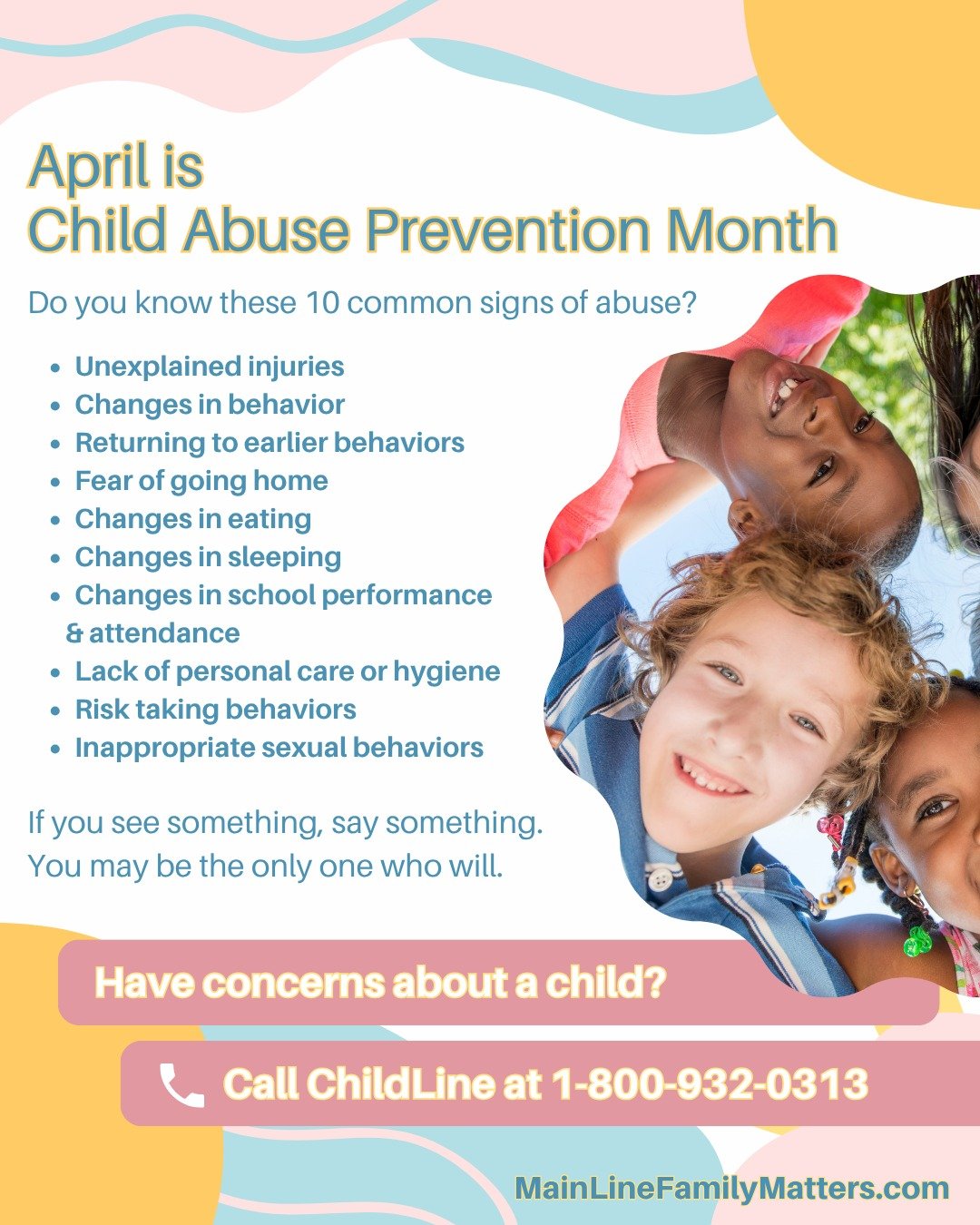 April is Child Abuse Prevention Month. Know the signs to look for and what to do if you see them. 

#childabuse #childabuseprevention #ChildAbusePreventionMonth