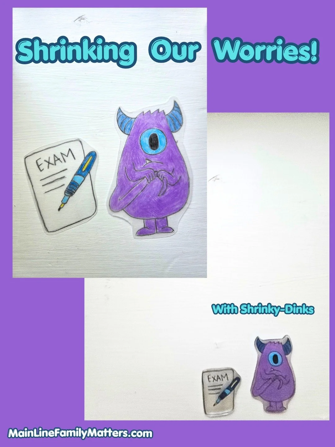 Big feelings can feel HUGE. We created our "anxiety monster" using Shrinky Dinks. Before going in the oven, they looked big, loud, and overwhelming, just like anxiety can feel. After a little heat, they shrank down; still there but much mor
