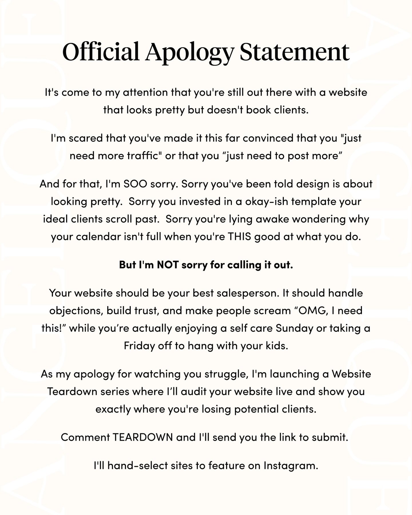 You shouldn&rsquo;t have to wonder why your calendar isn&rsquo;t full when you&rsquo;re incredible at what you do.

Comment TEARDOWN to submit your site for a live website audit and I&rsquo;ll walk you through exactly what&rsquo;s working and what&rs