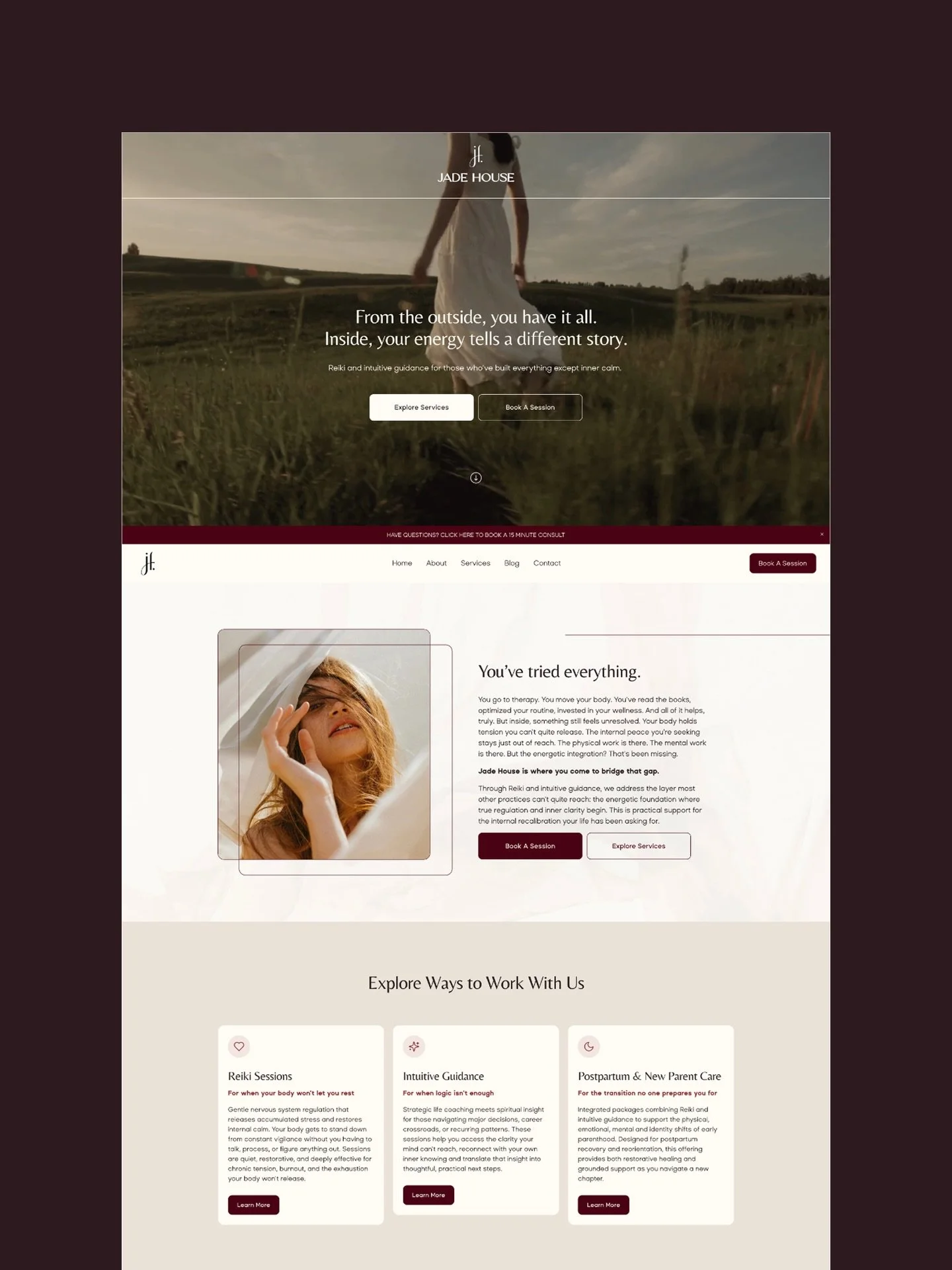 Website reveal for Jade House Healing ✨

Jade House is a distance Reiki and postpartum/new parent intuitive coaching practice. For this project we really wanted the design to feel timeless, romantic, and luxurious while still feeling approachable. Th