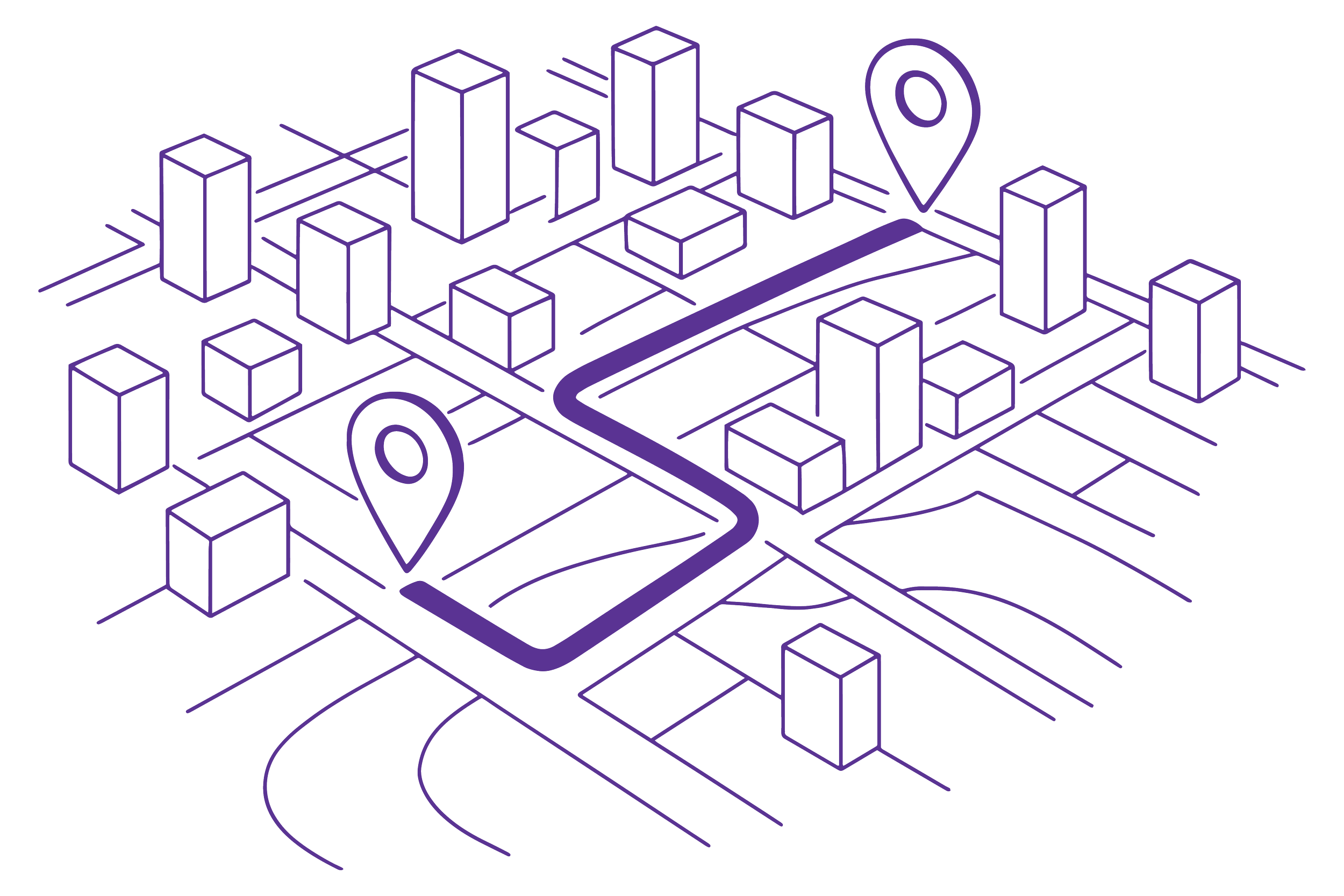 A digital illustration of a city map showing roads, buildings, and two location pins. The map is rendered in purple outlines on a black background.