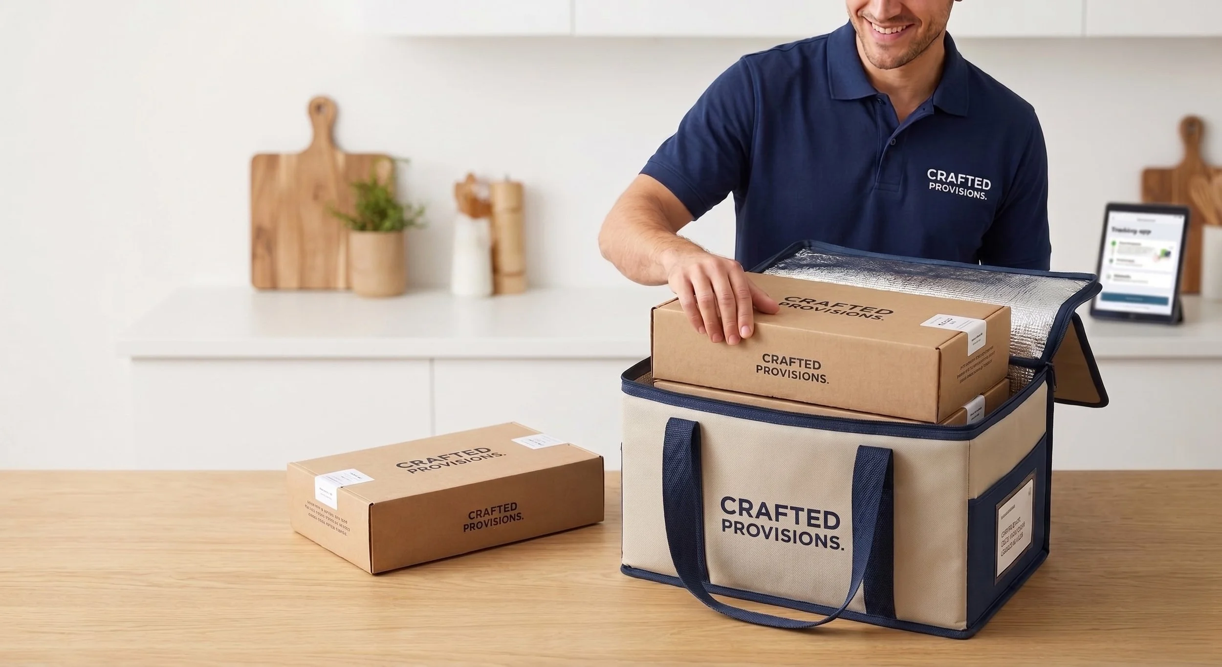 A man places a cardboard box into a cooler bag, surrounded by similar boxes on a kitchen counter, with a tablet displaying a delivery tracking app in the background.