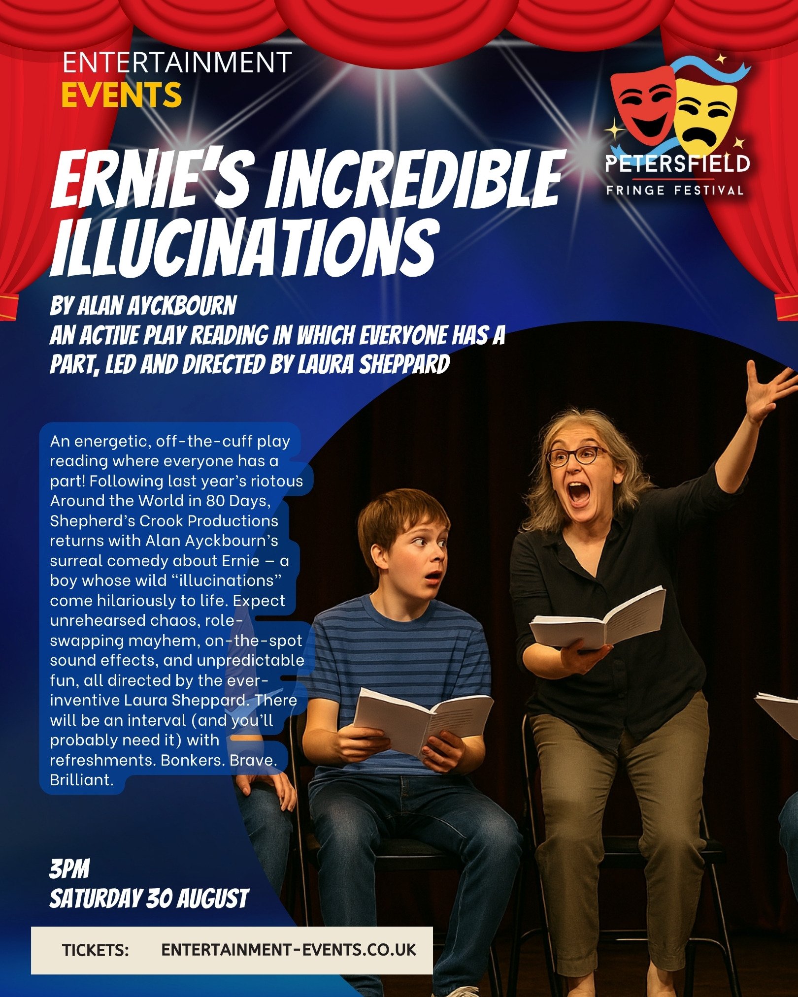 Promotional poster for Ernie's Incredible Illusions, an entertainment event at the Petersfield Fringe Festival. Shows a woman with glasses and curly hair, animatedly performing on stage with a boy holding a script, both engaging in a play. Red curtai