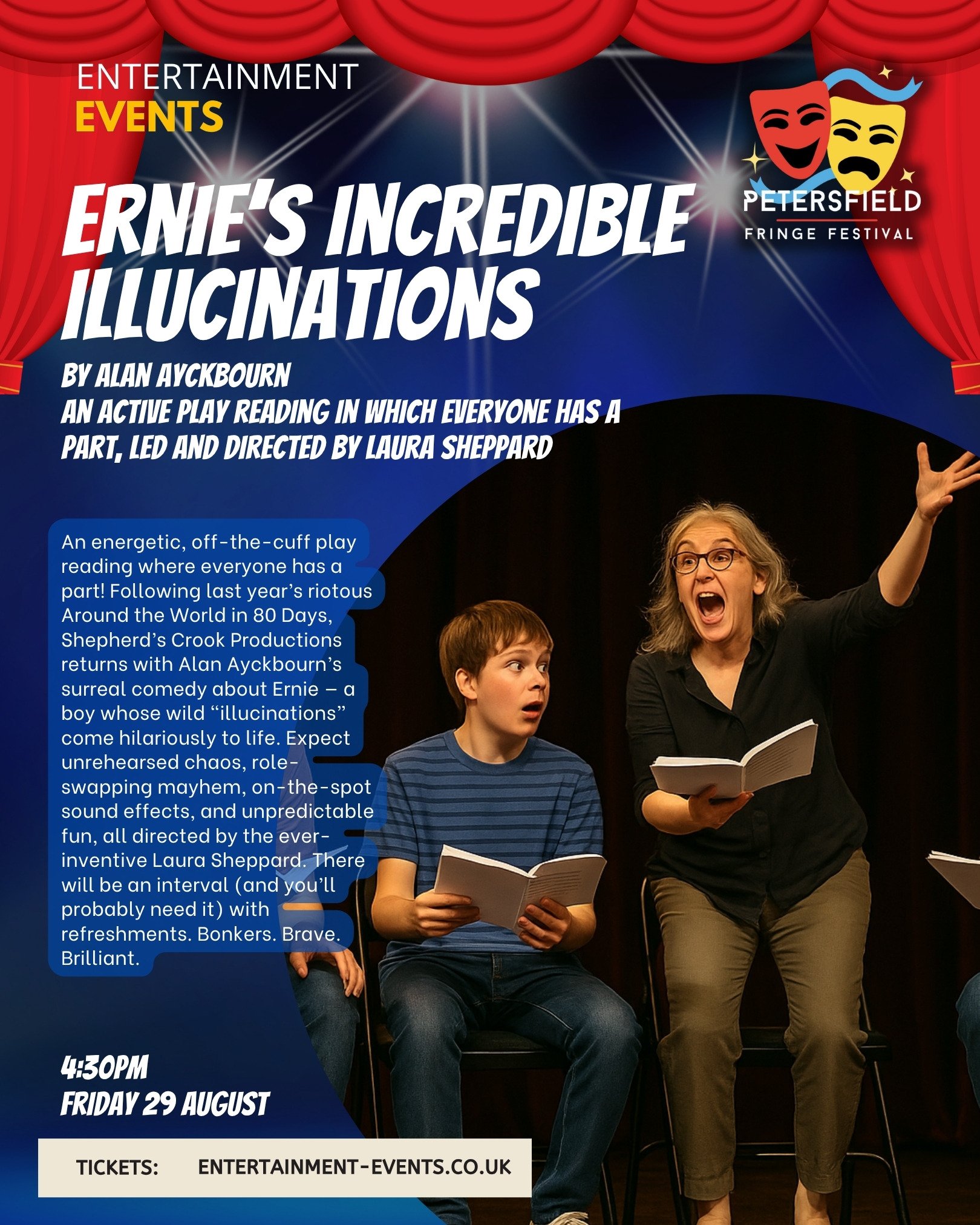 A promotional poster for a theatrical production titled "Ernie's Incredible Illusions" by Alan Ayckbourn, part of the Petersfield Fringe Festival. The poster features a woman with glasses and gray hair, dressed in black, and a young boy sitting on a