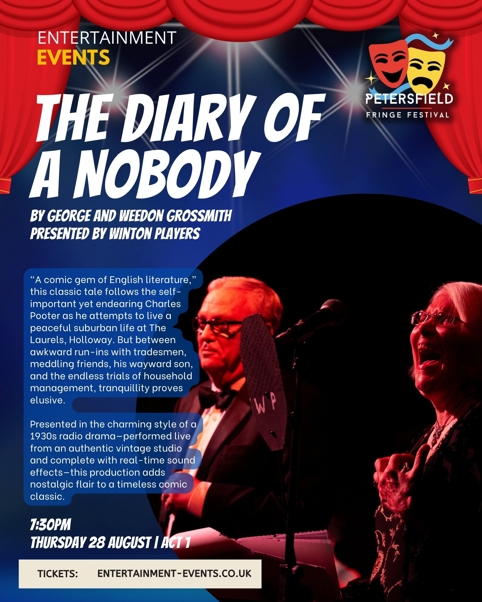 Event poster for "The Diary of a Nobody" at Petersfield Fringe Festival with a black background, red theater curtains at the top, and an image of two actors on stage, one man in a tuxedo and glasses, and one woman laughing, both with vintage style mi