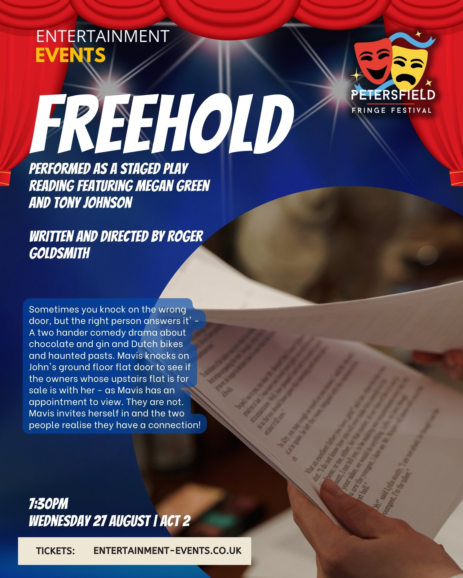 Poster for a staged play titled 'Freehold' at the Petersfield Fringe Festival. The poster has a dark blue background with red curtains at the top. It features the play's title in large white letters and details about the performance, including the ca