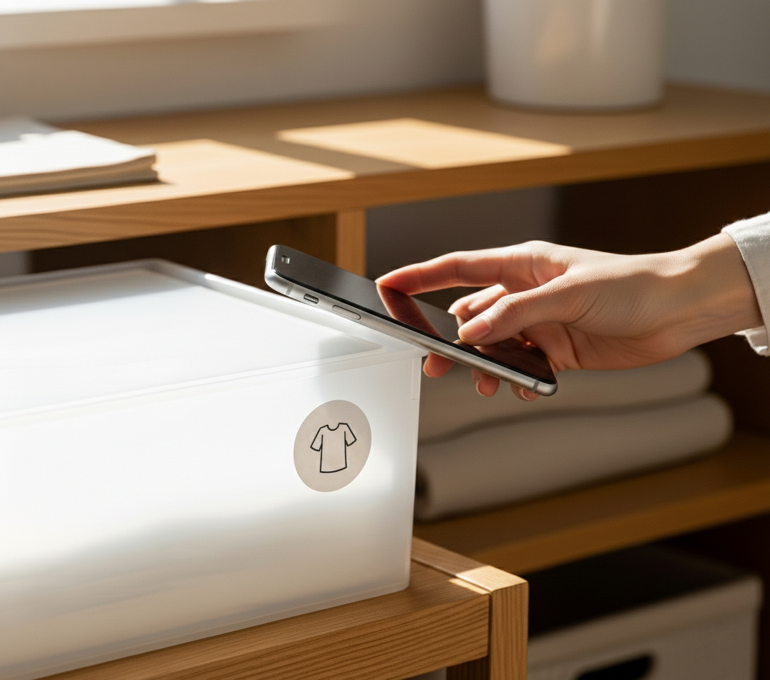 TouchIn 智慧收納貼操作示範：內建晶片貼紙，不需電池與對焦，手機靠近即刻顯示壓縮袋或收納箱內的衣物清單。