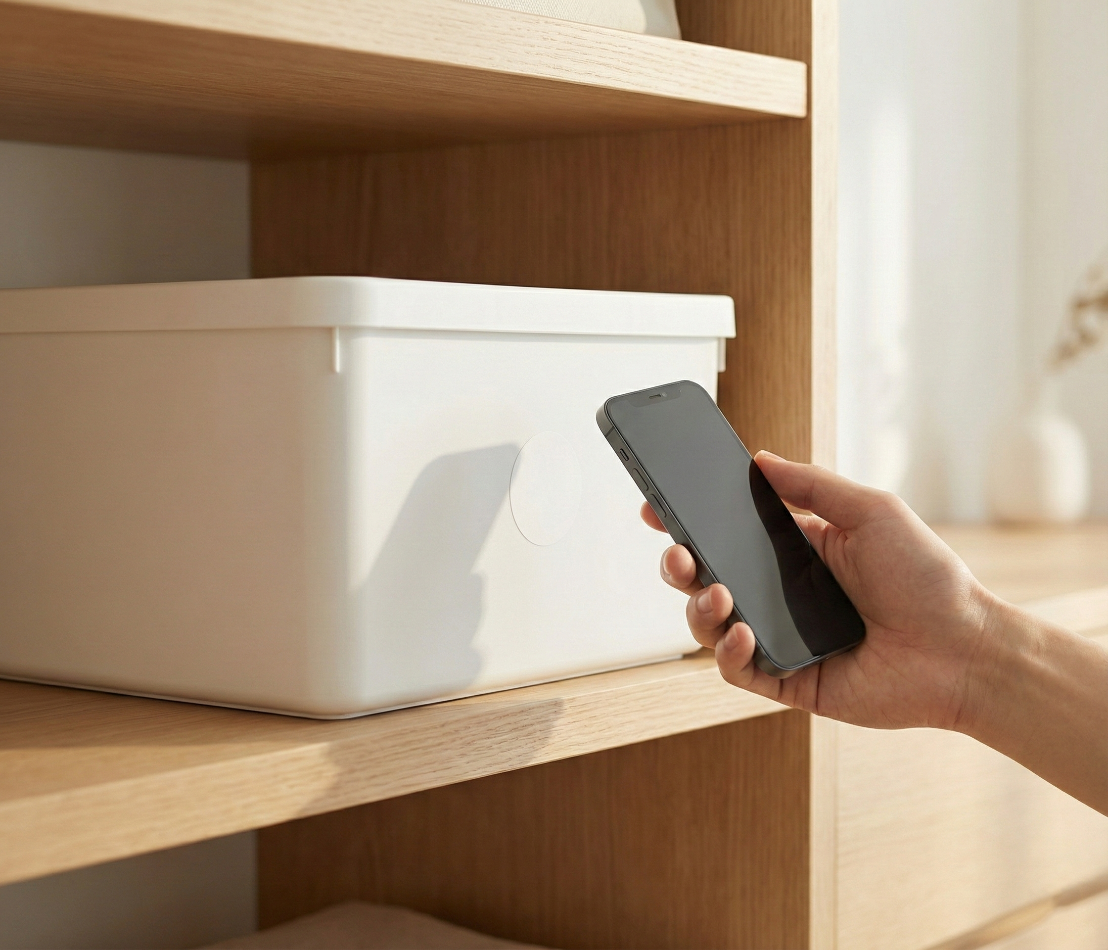 Walking Closet 長腳衣櫥 TouchIn 智慧收納貼：手機輕碰即可查看收納箱內容物，解決換季衣物收納找不到東西的痛點。