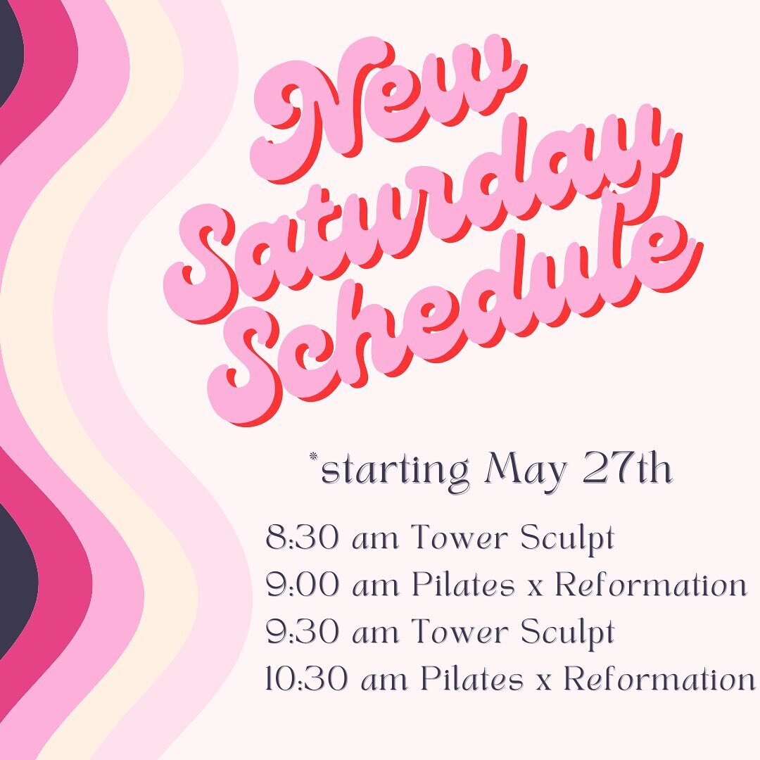 ⚡️NEW SATURDAY CLASSES⚡️
So many amazing classes to choose from on Saturdays! 
✨ 8:30 Tower Sculpt with @ohmyitsalymarie 
✨ 9:00 am &mdash; Pilates x Reformation with Sarah 
✨ 9:30 &mdash; Tower Sculpt with @ohmyitsalymarie 
✨ 10:30 &mdash; Pilates x