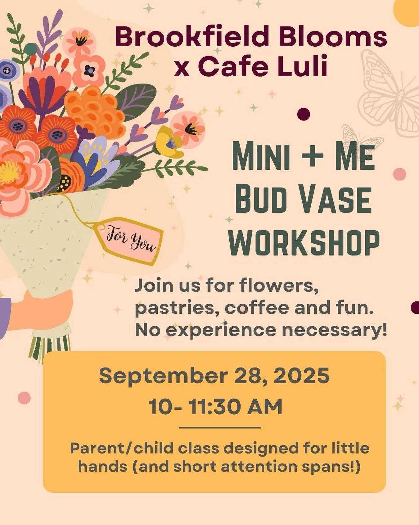 I&rsquo;m so excited to announce our first fall workshop on September 28 at @cafe_luli ! Grab your little one for a mini + me workshop where you&rsquo;ll each design a bud vase flower arrangement to take home. We&rsquo;ll be working out of the beauti