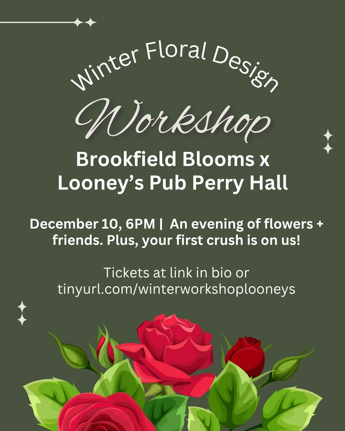 ❄️ 🌹 Come in from the cold and enjoy some flower arranging with friends! Join @brookfield.blooms at @perry_hall_looneys for an unforgettable evening of flowers, friends and fun! We&rsquo;ll walk you through how to create your own beautiful winter fl