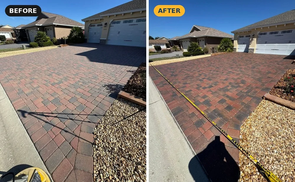 Red brick paver driveway before and after sealing