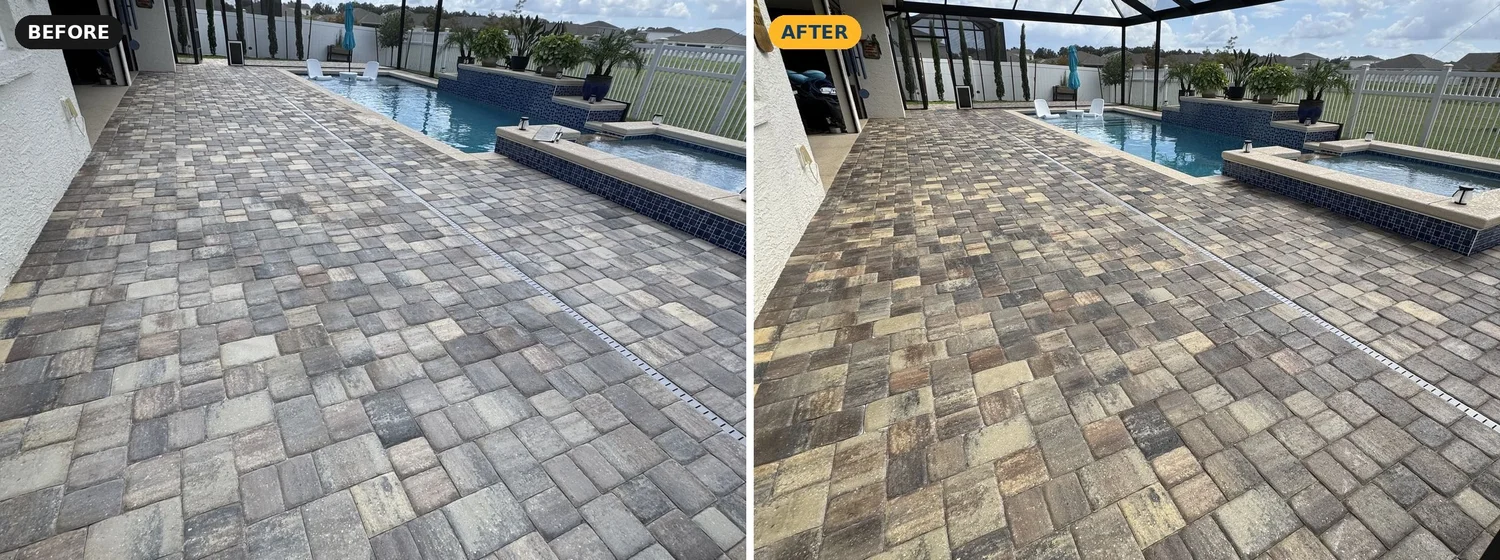 Screened pool cage paver deck before and after A&W Softwash cleaning and sealing