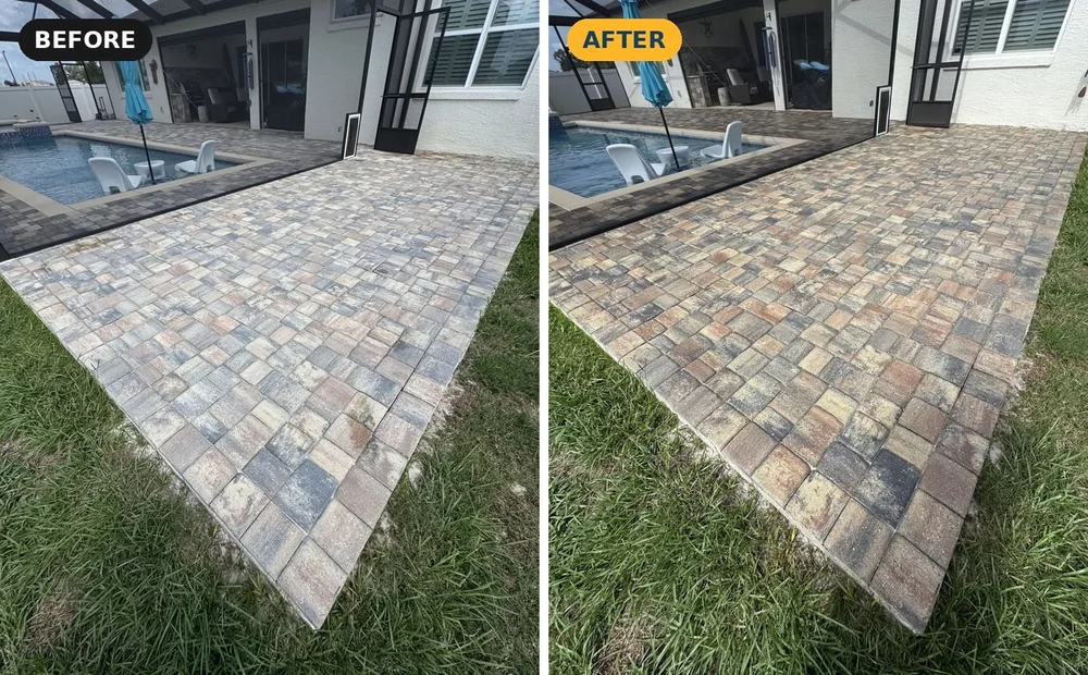 Poolside paver patio before and after sealing