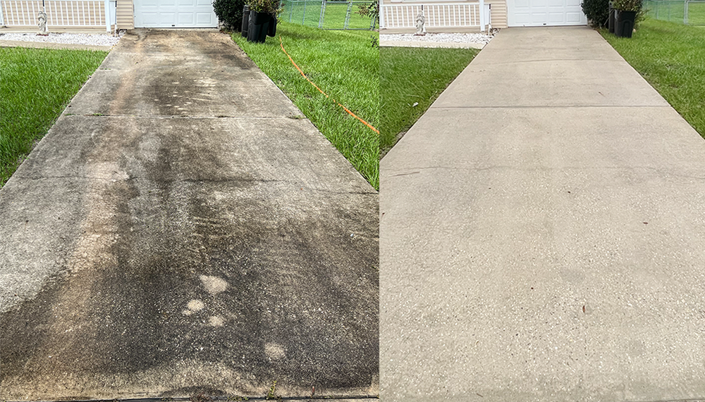Concrete driveway surface cleaning before and after removing dirt and algae