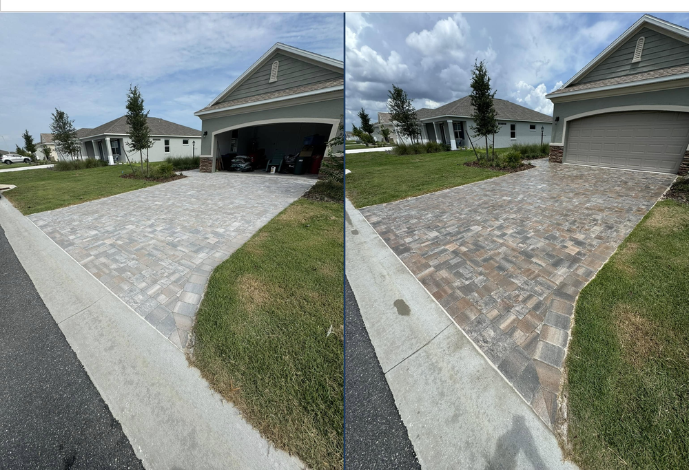 Paver driveway cleaned and sealed, before and after side by side