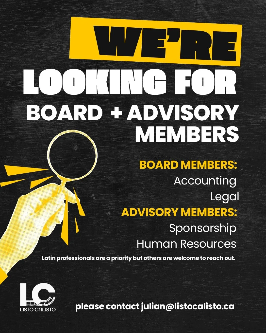 🌟 Join the Listo Calisto Team! 🌟

We&rsquo;re looking for passionate community members to join our Board and Advisory team 💛

If you believe in empowering Latin creatives and strengthening representation in Canada&rsquo;s arts and media landscape,