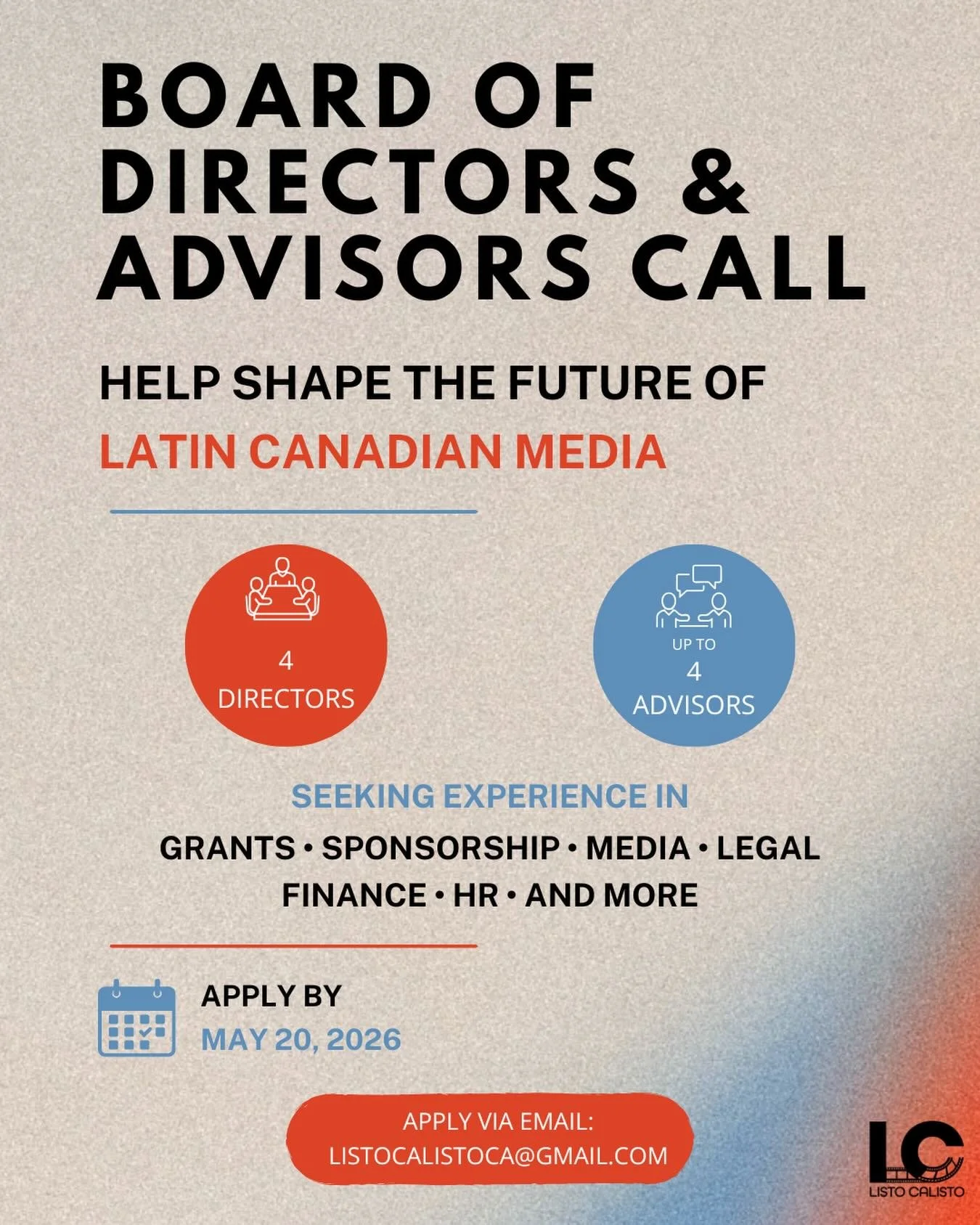 ​​🚨 Call for Nominations: Join Listo Calisto&rsquo;s Leadership

Listo Calisto is growing, and we&rsquo;re looking for passionate leaders to help shape the future of Latin Canadian representation in film, TV, and media.
We&rsquo;re currently seeking