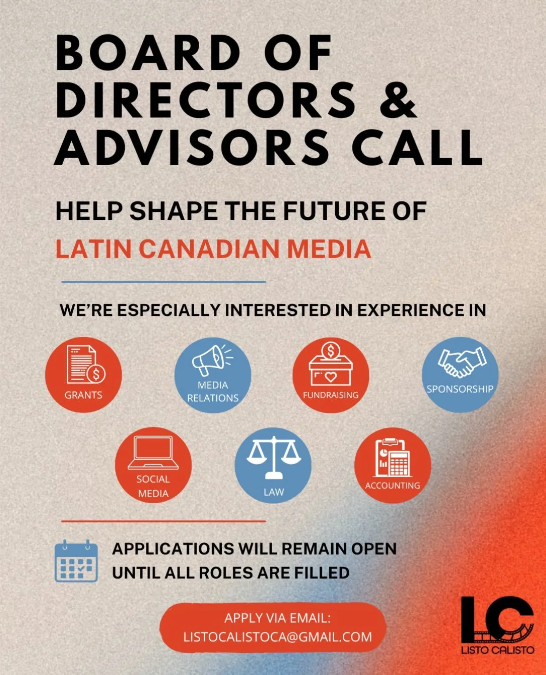 📣 We&rsquo;re continuing to grow Listo Calisto&rsquo;s leadership! 

We are excited to soon announce some incredible people joining us as board members and advisors. We&rsquo;ve also heard that not everyone was able to get their applications before 