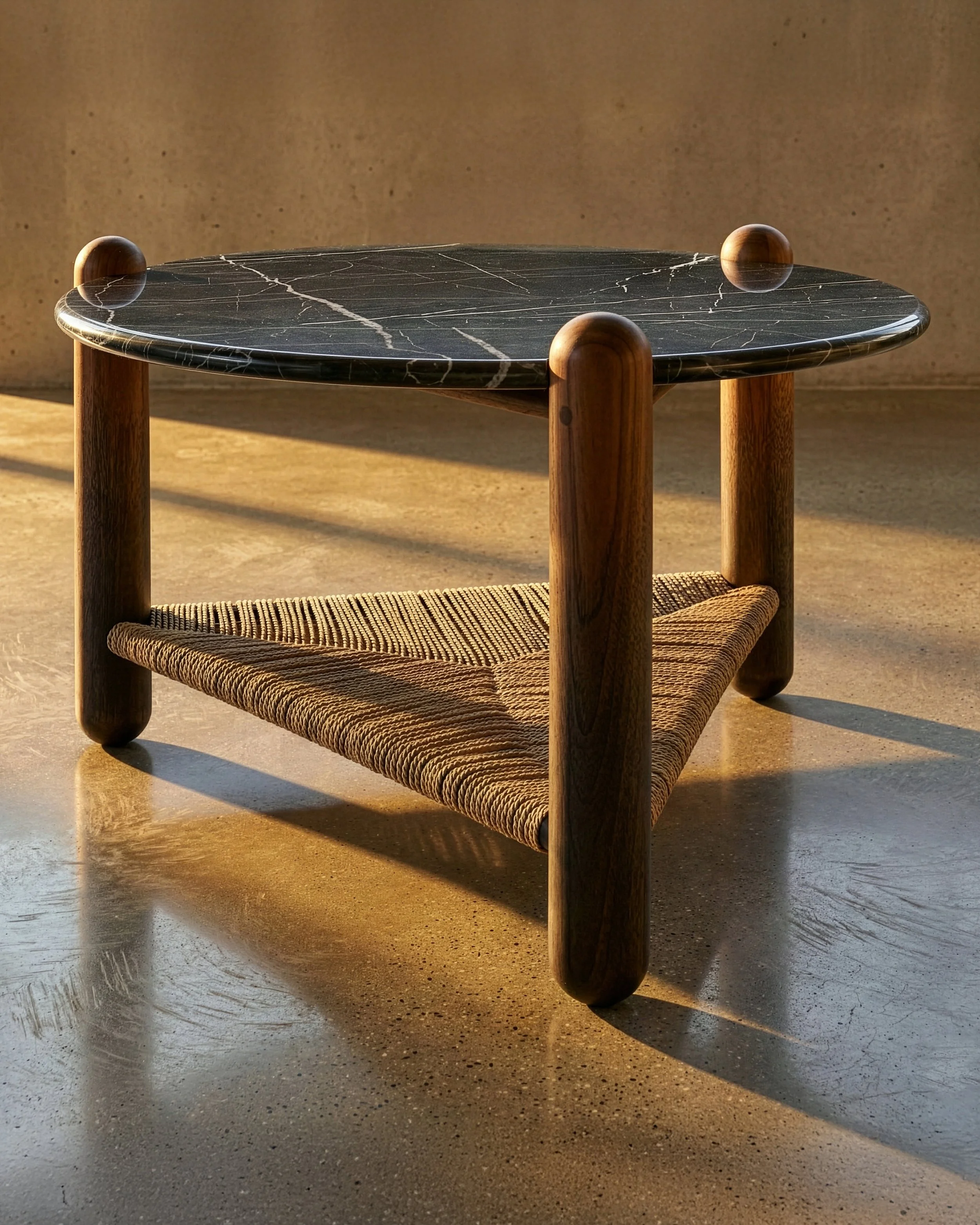30" Captain's Table Special Edition - Walnut, Nero Marquina Black Marble Top, Woven Danish Cord Shelf, Black Ombre Finish