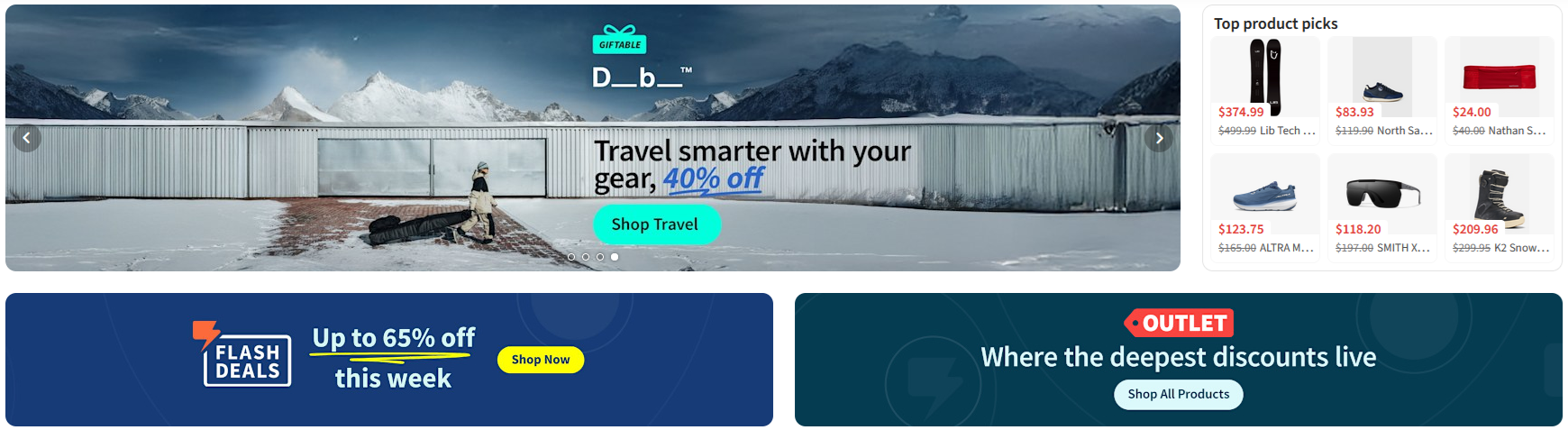 Picture collage shows deals available at ExpertVoice including luggage and flash deals worth up to 65% off