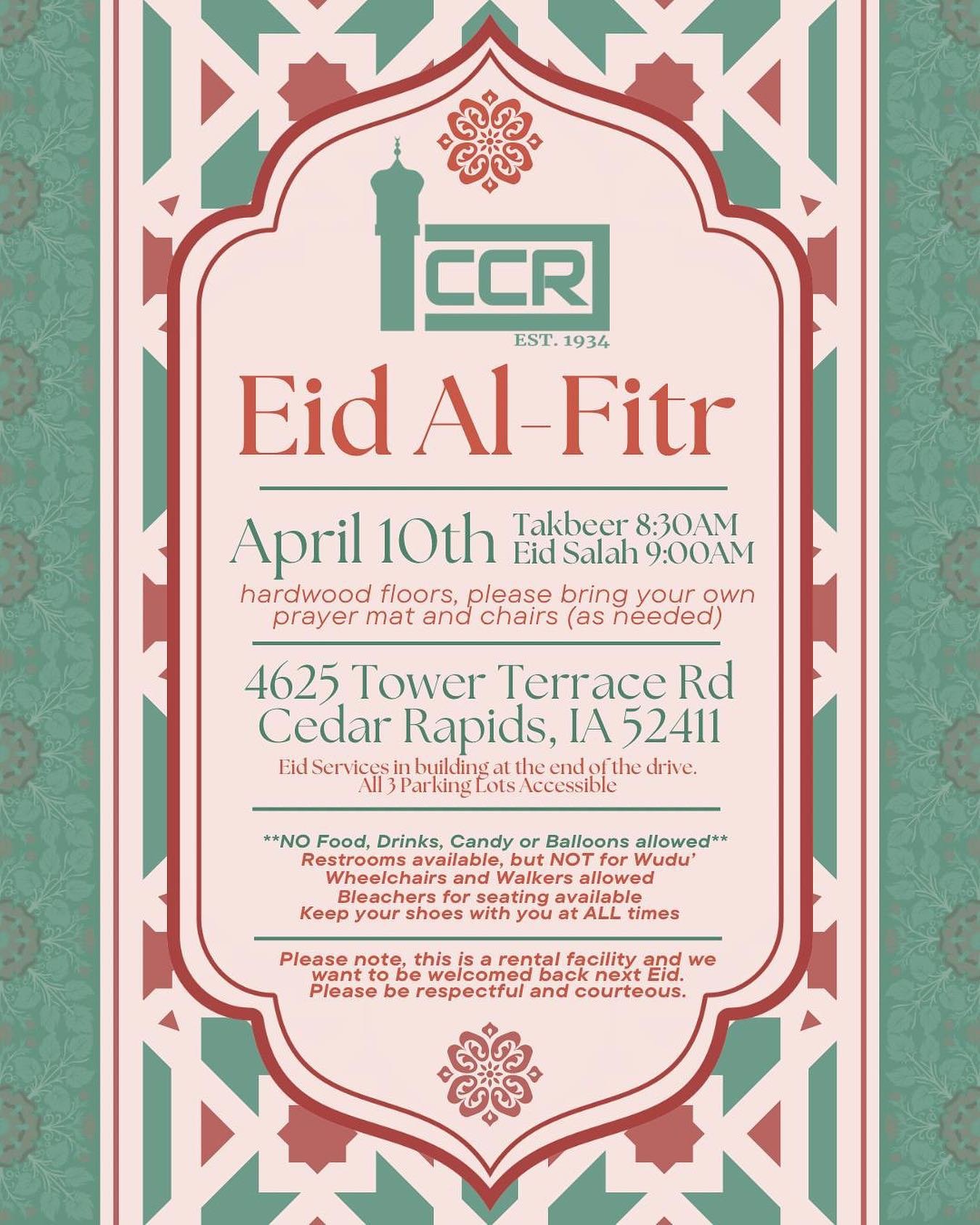 Eid ul-Fitr is almost here ☪️ 🎉 Please be sure to note the NEW address/location. 

Eid Takbeer will begin @8:30 AM
Eid Prayer will begin @9:00AM

Please bring your own prayer rug/mat as we will be sitting on hard floor!!!