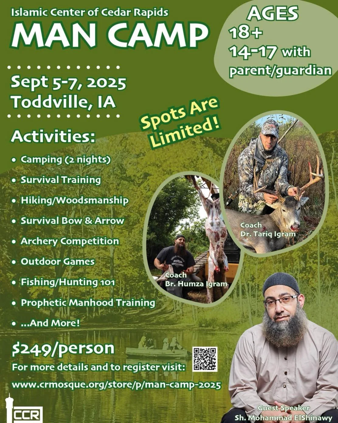 🔥 Man Camp 2025 &ndash; Registration is Open!🔥

Join us for an unforgettable weekend of adventure, brotherhood, and faith!

📅 Sept 5&ndash;7, 2025 | 📍 Toddville, IA
For ages 18+ (14&ndash;17 with parent/guardian)

🏕 Activities Include:
	&bull; C