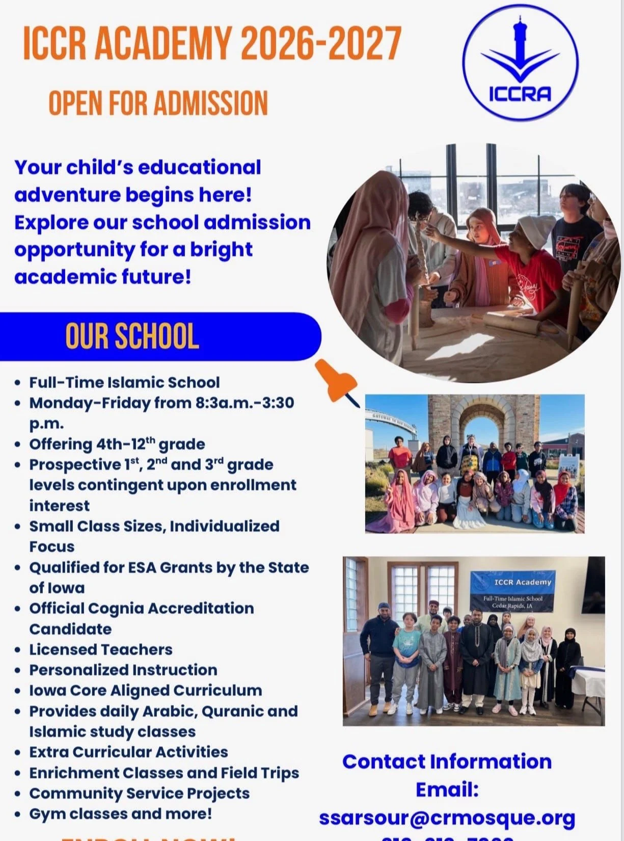 ICCR Academy, our full-time Islamic school, has officially opened enrollment for the 2026&ndash;2027 school year. Enrollment will remain open until May 29, 2026.

This is a wonderful opportunity for your children to receive an education that goes bey