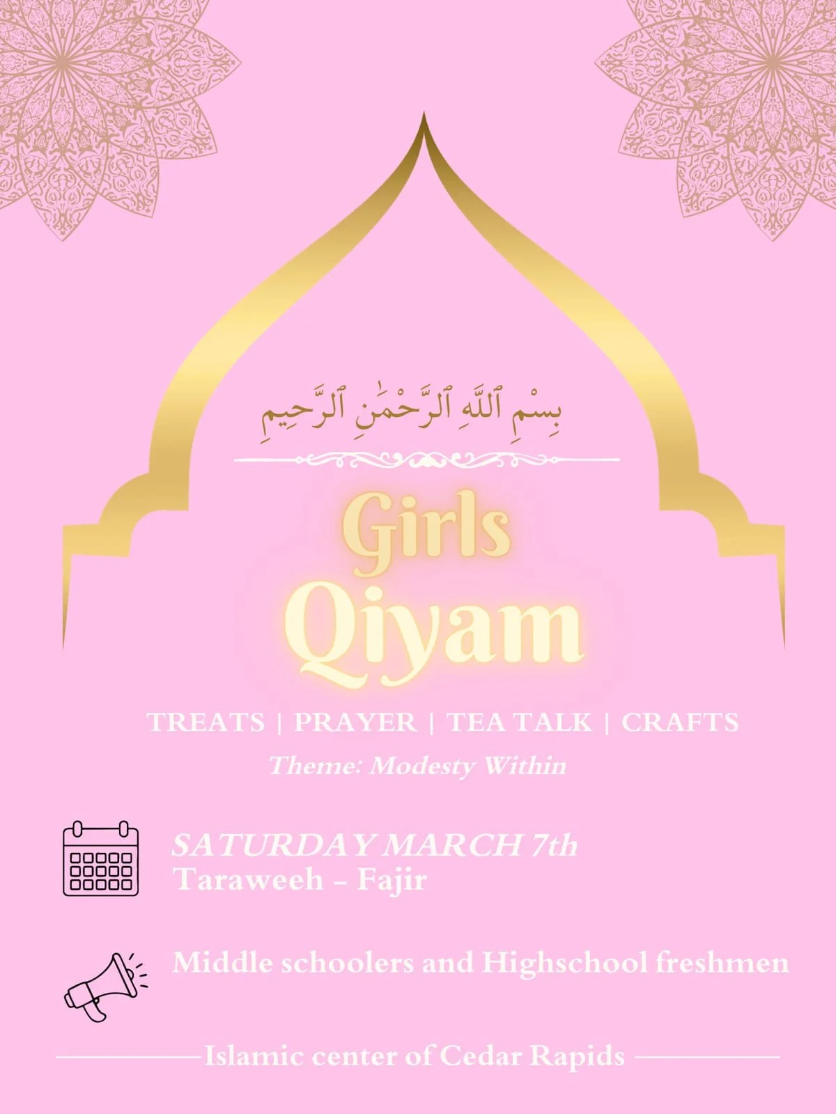 Girls Qiyam this Saturday! For middle schoolers and high school freshmen.