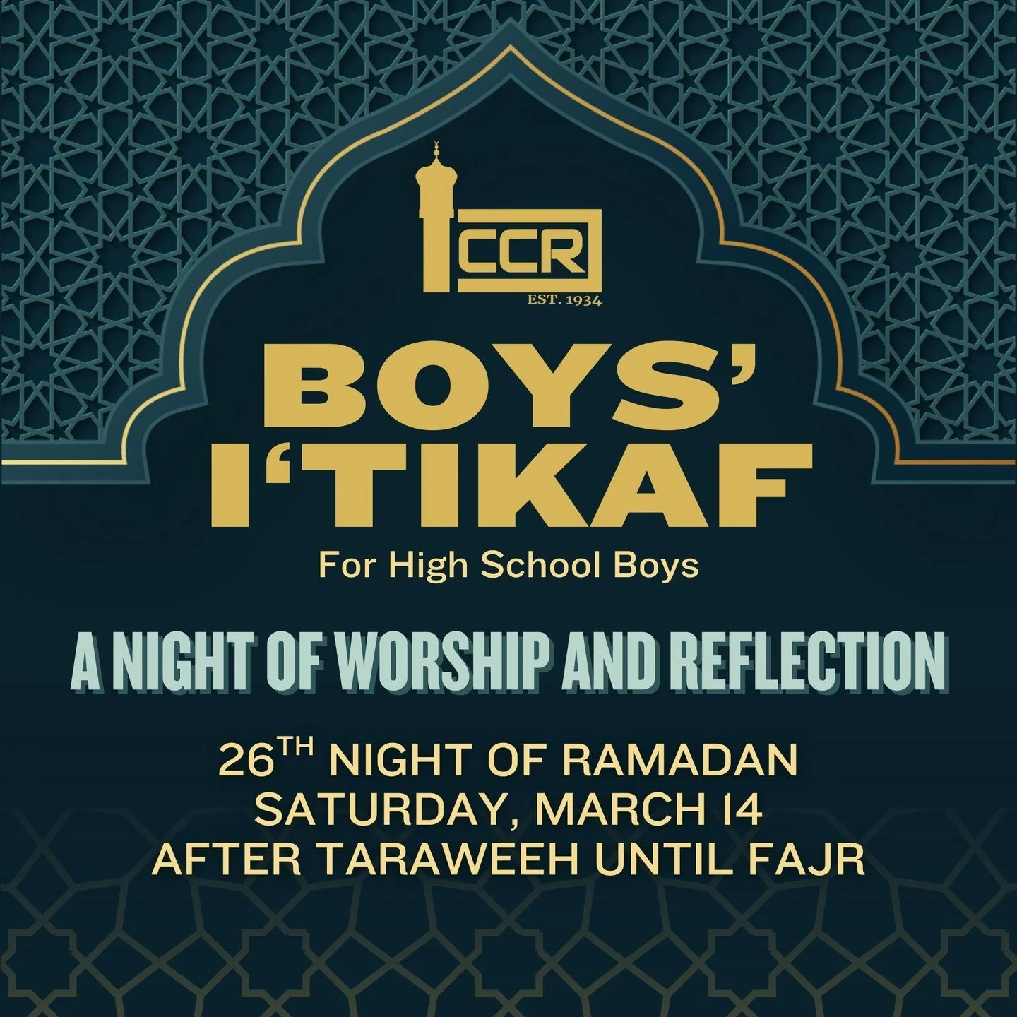 Tomorrow night (Saturday into Sunday, 26th night of Ramadan), we&rsquo;re hosting a Boys&rsquo; I&rsquo;tikaf at the masjid inshaAllah. The program begins after Taraweeh and continues through Fajr, with the option to stay until sunrise. Parents are w