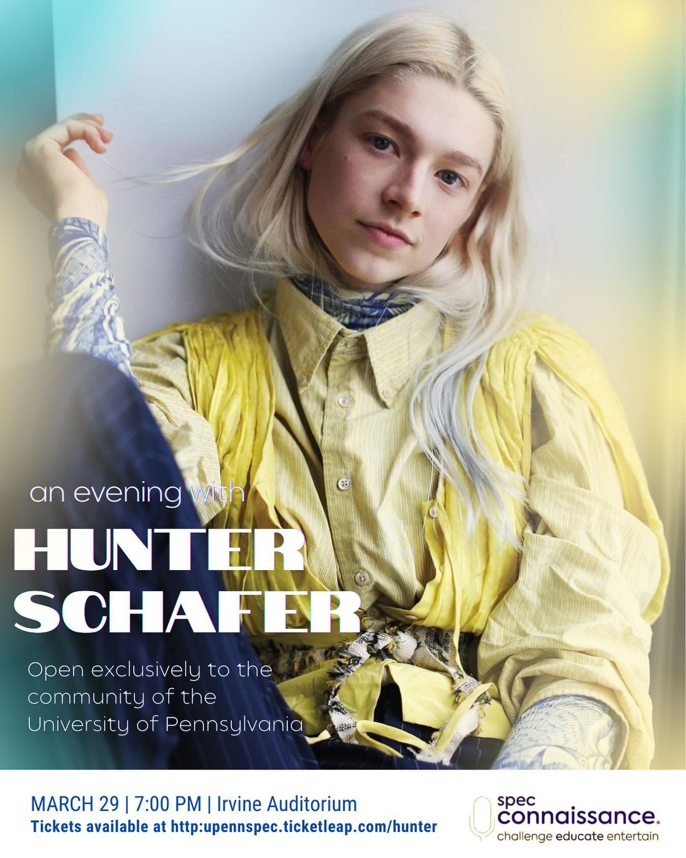 SPEC Connaissance is excited to announce that our 2022 Spring Speaker is the talented, Hunter Schafer! 

The event is open exclusively to the Penn community and will be held at Irvine Auditorium on March 29th at 7:00PM. You won&rsquo;t want to miss i
