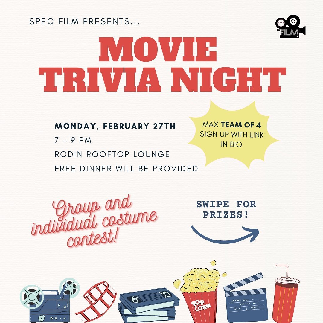 Join us for our first🎞🎬 MOVIE TRIVIA NIGHT!🎥🍿
Where? Rodin Rooftop Lounge
When? Monday 2/27 from 7-9 PM 
Max of 4 people per trivia team, sign up with link in Bio!