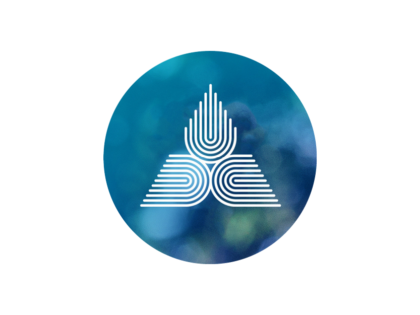 A logo with a stylized geometric design resembling a flame or leaf emerging from a triangle, all made of white lines, set against a cloudy blue background.