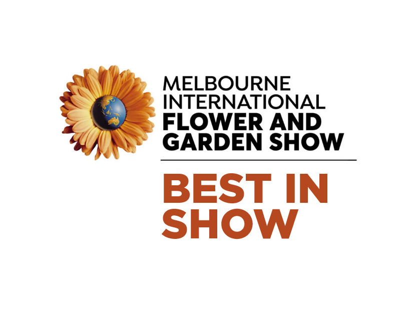 Logo for Melbourne International Flower and Garden Show with a flower and a globe, and text that says 'Best in Show'.