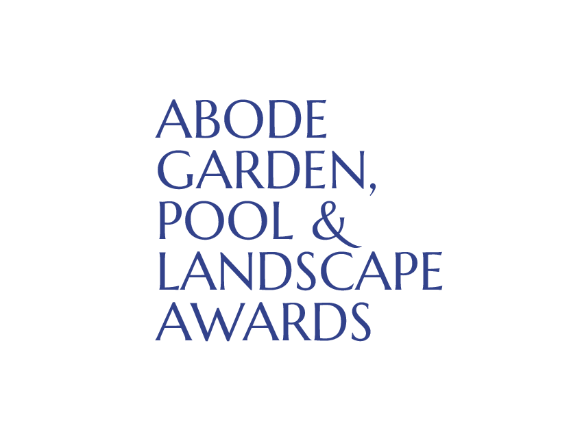 Text reading 'Abode Garden, Pool & Landscape Awards' in blue on a white background.