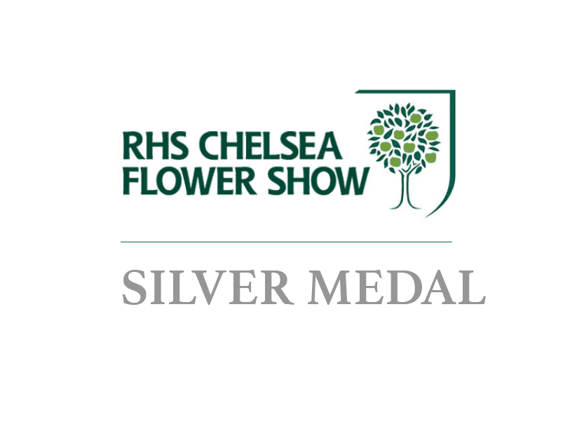 RHS Chelsea Flower Show Silver Medal award badge with a stylized tree logo.